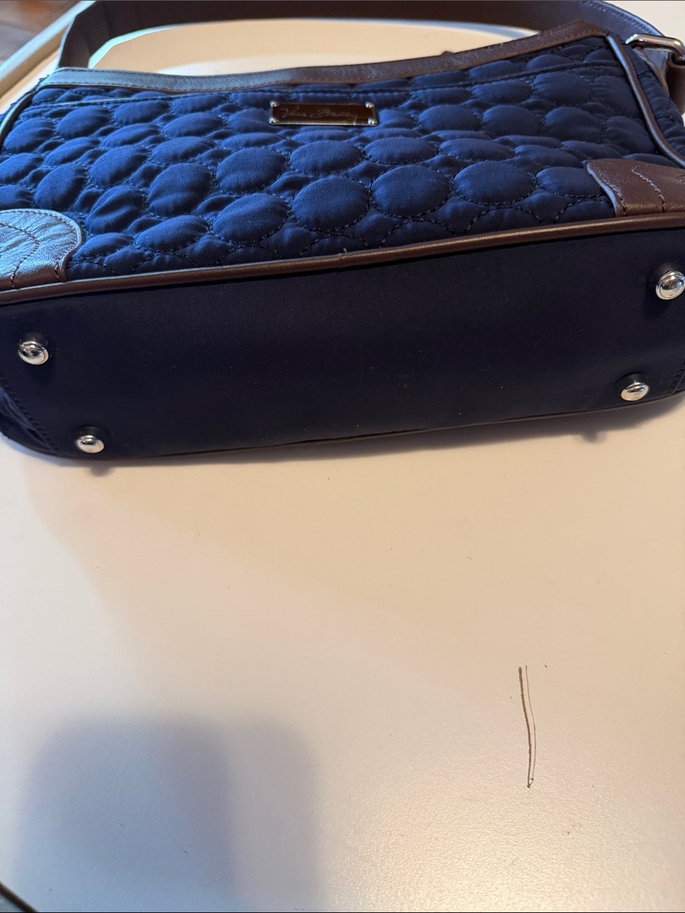 Vera Bradley Wildwood Park microfiber bag. Quilted navy blue with brown strap. - Picture 3 of 13